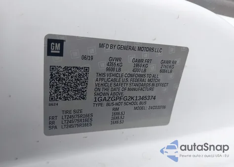 2019 Chevrolet Express 3500 Lt from USA, damaged, VIN 1GAZGPFG2K1345374